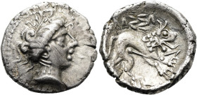 OBERITALIEN. Massaliotische Imitationen. Drachme ø 16mm (2.50g). 2. Jh. v. Chr. Vs.: Artemiskopf n. r. Rs.: Barbarisierter Löwe n. r., darüber Trugleg...