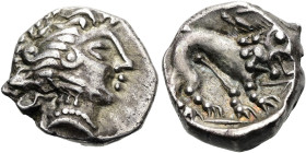 OBERITALIEN. Massaliotische Imitationen. Drachme ø 13mm (2.20g). 2. Jh. v. Chr. Vs.: Artemiskopf n. r. Rs.: Barbarisierter Löwe n. r., darüber Trugleg...