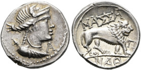 SÜDFRANKREICH. MASSALIA. Tetrobol ø 17mm (2.74g). 2. Jh. v. Chr. Vs.: Artemisbüste mit geschultertem Köcher n. r., davor A. Rs.: Löwe n. r., darüber Μ...