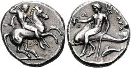 KALABRIEN. TARENT. Didrachme ø 21mm (7.78g). 315 - 300 v. Chr. Vs.: ΣΑ, Reiter mit Lanze n. r. Rs.: ΤΑΡΑΣ, Phalantos mit Kantharos u. Dreizack auf Del...