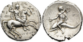 KALABRIEN. TARENT. Didrachme ø 22mm (6.50g). 280 - 272 v. Chr. Magistrate Si(...), Lykon und Gy(...). Vs.: Nackter Reiter mit Helm, Lanze, u. Schild s...