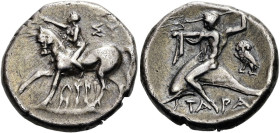 KALABRIEN. TARENT. Didrachme ø 19mm (6.25g). 272 - 240 v. Chr. Beamter Lykinos. Vs.: ΛΥΚΙ/ΝΟΣ, Reiter n. l. sein Pferd bekränzend, darüber ΣΥ. Rs.: ΤΑ...