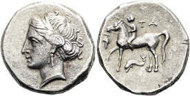 KALABRIEN. TARENT. Kampano-tarentinische Prägungen. Didrachme ø 20mm (7.09g). 281 - 228 v. Chr. Vs.: Kopf der Nymphe Satyra mit Ampyx u. Ohrring n. l....