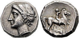 KALABRIEN. TARENT. Kampano-tarentinische Prägungen. Didrachme ø 19mm (7.45g). ca. 281 - 228 v. Chr. Vs.: Kopf der Nymphe Satyra mit Ampyx u. Ohrring n...