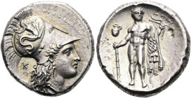 LUKANIEN. HERAKLEIA. Didrachme ø 21mm (7.42g). 330/25 - 281 v. Chr. Vs.: ΗΡΑΚΛΗΙΩΝ, Kopf der Athena mit korinthischem Helm n. r., auf dem Helmkessel S...