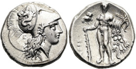LUKANIEN. HERAKLEIA. Didrachme ø 21mm (4.88g). 281 - 278 v. Chr. Vs.: Kopf der Athena mit korinthischem Helm n. r., auf dem Helmkessel Skylla, darüber...