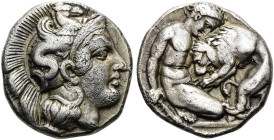 LUKANIEN. HERAKLEIA. Diobol ø 11mm (1.18g). 432 - 420 v. Chr. Vs.: Kopf der Athena mit attischem Helm n. r., auf dem Helmkessel geflügelter Hippokamp....