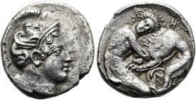 LUKANIEN. HERAKLEIA. Diobol ø 12mm (1.29g). 432 - 420 v. Chr. Vs.: Kopf der Athena mit attischem Helm n. r., auf dem Helmkessel geflügelter Hippokamp....