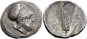 LUKANIEN. METAPONT. Didrachme ø 24mm (7.77g). 340 - 330 v. Chr. Vs.: Kopf des Leukippos mit korinthischem Helm n. r., dahinter NI. Rs.: META, Kornähre...