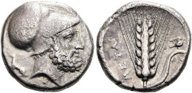 LUKANIEN. METAPONT. Didrachme ø 20mm (7.71g). 340 - 330 v.Chr. Vs.: ΛΕΥΚΙ[...], Kopf des Leukippos n. r., l. Hund. Rs.: META, Kornähre mit Halm r., da...