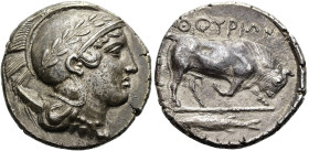 LUKANIEN. THOURIOI. Didrachme ø 21mm (7.91g). 443 - 400 v. Chr. Vs.: Kopf der Athena mit bekränztem attischen Helm n. r. Rs.: ΘΟΥΡΙΩΝ, Stier auf Stand...