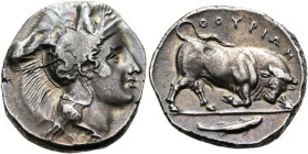 LUKANIEN. THOURIOI. Didrachme ø 23mm (7.85g). 4. Jh. v. Chr. Vs.: Kopf der Athena mit attischem Helm n. r., auf dem Helmkessel Skylla. Rs.: ΘΟΥΡΙΩΝ, S...