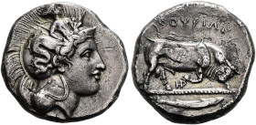 LUKANIEN. THOURIOI. Didrachme ø 21mm (7.46g). ca. 350 - 300 v.Chr. Vs.: Kopf der Athena mit attischem Helm, auf dem Helmkessel Skylla. Rs.: ΘΟΥΡΙΩΝ, r...