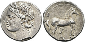 BRUTTIUM. KARTHAGISCHE BESATZUNG, 218 - 202 V. CHR.. Viertelstück ø 14mm (1.86g). 216 - 211 v. Chr. Vs.: Kopf der Tanit mit Ährenkranz n. l. Rs.: Pfer...