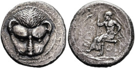 BRUTTIUM. RHEGION. Drachme ø 18mm (3.71g). ca. 461 - 445 v.Chr. Vs.: Frontaler Löwenskalp. Rs.: PECIN/O/N, Iokastes mit Hüftmantel und Stab in der Rec...