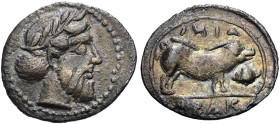 SIZILIEN. ABAKAINON. Litra ø 14mm (0.70g). 430 - 420 v. Chr. Vs.: Bärtiger Kopf mit Lorbeerkranz n. r. Rs.: ABAKA/INI (teils retrograd), Eber n. r., d...