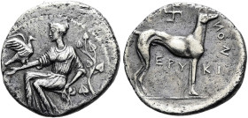 SIZILIEN. ERYX. Litra ø 12mm (0.78g). 409 - 398 v. Chr. Vs.: Aphrodite n. l. auf Stuhl sitzend, auf der r. Hand Taube haltend, dahinter Efeuzweig. Rs....