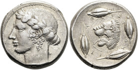 SIZILIEN. LEONTINOI. Tetradrachme ø 26mm (17.04g). 455 - 430 v. Chr. Vs.: Kopf des Apollon mit Lorbeerkranz n. l. Rs.: ΛΕ-ΟΝ-ΤΙ-ΝΟ-Ν, Kopf eines brüll...