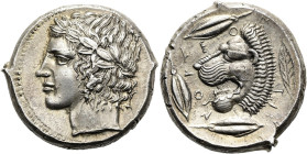 SIZILIEN. LEONTINOI. Tetradrachme ø 26mm (17.61g). Um 430 v. Chr. Vs.: Kopf des Apollon mit Lorbeerkranz u. leicht gewellten Haaren n. l. Rs.: LEO-N-T...