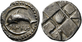 SIZILIEN. MESSANA. als Zankle. Litra ø 12mm (0.62g). um 500 v.Chr. Vs.: ΔΑΝΚΛΕ, n. l. springender Delfin in ornamentalem Rahmen. Rs.: Incusum mit mehr...