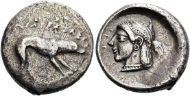 SIZILIEN. SEGESTA. Didrachme ø 22mm (8.31g). ca. 412/10 - 400 v. Chr. Vs.: ΣΑΤΕΣZΑZΙΒ, Flussgott Krimisos als Hund n. r. Rs.: ΣΕΓΕΣΤΑZΙΒ, Kopf der Nym...