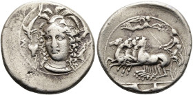 SIZILIEN. SYRAKUS. 2. Republik, 466 - 405 v. Chr. Hemidrachme ø 15mm (2.10g). 413 - 405 v. Chr. Vs.: Σ, Kopf der Athena mit attischem Helm in Dreivier...