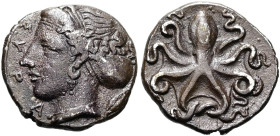 SIZILIEN. SYRAKUS. 2. Republik, 466 - 405 v. Chr. Litra ø 11mm (0.87g). 415 - 405 v. Chr. Vs.: ΣΥΡΑ, Kopf der Arethusa n. l., dahinter Getreidekorn. R...