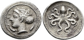 SIZILIEN. SYRAKUS. 2. Republik, 466 - 405 v. Chr. Litra ø 13mm (0.78g). 415 - 405 v. Chr. Vs.: ΣΥ, Kopf der Arethusa mit Sakkos n. l. zwischen Delfin ...