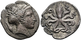 SIZILIEN. SYRAKUS. 2. Republik, 466 - 405 v. Chr. Litra ø 13mm (0.76g). 415 - 405 v. Chr. Vs.: ΣΥΡΑΚΟΣΙΩΝ, Kopf der Arethusa n. r., dahinter Gerstenko...