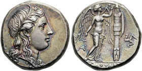 SIZILIEN. SYRAKUS. Agathokles, 317 - 289 v. Chr. Tetradrachme ø 25mm (17.05g). 310 - 306/5 v. Chr. Vs.: Κ[ΟΡΑΣ], Kopf der Kore mit Ährenkranz n. r. Rs...