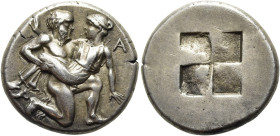 THRAKISCHE INSELN. THASOS. Stater ø 21mm (8.95g). 435 - 411 v. Chr. Vs.: Glatzköpfiger, nackter Satyr im Knielaufschema n. r. eine Nymphe davontragend...