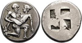 THRAKISCHE INSELN. THASOS. Stater ø 21mm (8.67g). 435 - 411 v. Chr. Vs.: Glatzköpfiger Satyr im Knielaufschema n. r. eine Nymphe davontragend. Rs.: Vi...