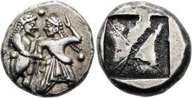 MAKEDONIEN. LETE. Stater ø 21mm (9.72g). 525 - 480 v. Chr. Vs.: Ithyphallischer Satyr mit der Rechten eine Nymphe am Handgelenk greifend, die n. r. en...