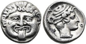 MAKEDONIEN. NEAPOLIS. Hemidrachme ø 13mm (2.00g). 375 - 350 v. Chr. Vs.: Gorgoneion. Rs.: N-E-O-[Π], Kopf der Nymphe Neapolis n. r. SNG ANS 430 ff.; S...