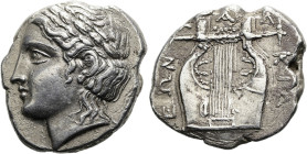 MAKEDONIEN. OLYNTH. Für den Chalkidischen Bund. Tetradrachme ø 27mm (14.34g). 420 - 365 v. Chr. Beamter Annikas. Vs.: Kopf des Apollon mit Lorbeerkran...