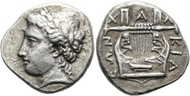 MAKEDONIEN. OLYNTH. Für den Chalkidischen Bund. Tetradrachme ø 25mm (14.38g). 432 - 348 v. Chr. Vs.: Kopf des Apollon mit Lorbeerkranz n. l. Rs.: X-A-...