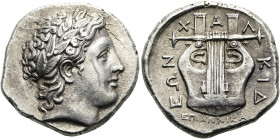 MAKEDONIEN. OLYNTH. Für den Chalkidischen Bund. Tetradrachme ø 26mm (14.46g). 432 - 348 v. Chr. Beamter Annikas. Vs.: Kopf des Apollon mit Lorbeerkran...