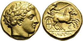 MAKEDONISCHE KÖNIGE. Philipp II., 359 - 336 v. Chr. Stater ø 15mm (8.55g). 340 - 328 v. Chr. Mzst.Amphipolis. Vs.: Kopf des Apollon mit Lorbeerkranz n...