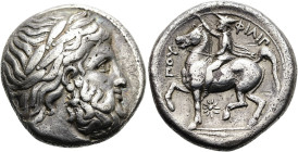 MAKEDONISCHE KÖNIGE. Philipp II., 359 - 336 v. Chr. Tetradrachme ø 24mm (14.24g). 354/3 - 349/8 v. Chr. Mzst.Pella. Vs.: Kopf des Zeus mit Lorbeerkran...