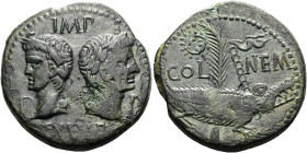 GALLIEN. NEMAUSUS. Augustus, 27 v. Chr. - 14 n. Chr. Dupondius ø 27mm (12.72g). 10 - 14 n. Chr. Vs.: IMP / P - P / DIVI F, abgewandte Köpf des Agrippa...