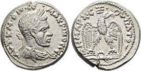 NÖRDLICHE LEVANTE. SELEUKIA. Macrinus, 217 - 218 n. Chr. Billon-Tetradrachme ø 27mm (15.65g). Vs.: ΑΥΤ Κ Μ ΟΠ ΣΕ ΜΑΚΡΙΝΟΣ ΣΕΒ, drapierte Panzerbüste m...