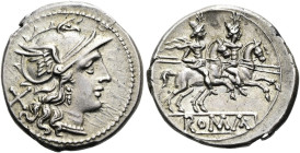 ANONYME PRÄGUNGEN, 280 - 211 V. CHR.. Anonym, 211 v. Chr. Denar ø 20mm (4.05g). Mzst.Rom. Vs.: Kopf der Roma mit geflügeltem Helm n. r., dahinter X. R...
