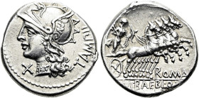 RÖMISCHE REPUBLIK NACH 211 V. CHR. M. Baebius Tampilus, 137 v. Chr. Denar ø 19mm (3.88g). Mzst.Rom. Vs.: TAMPIL, Kopf der Roma mit Collier n. l., davo...