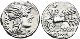 RÖMISCHE REPUBLIK NACH 211 V. CHR. C. Aburius Geminus, 134 v. Chr. Denar ø 19mm (3.84g). Mzst.Rom. Vs.: GEM, Kopf der Roma mit geflügeltem Greifenkopf...
