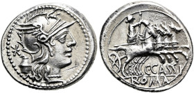 RÖMISCHE REPUBLIK NACH 211 V. CHR. C. Cassius Longinus, 126 v. Chr. Denar ø 20mm (3.92g). Mzst.Rom. Vs.: Kopf der Roma mit geflügeltem Helm n. r., dah...