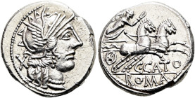 RÖMISCHE REPUBLIK NACH 211 V. CHR. C. Porcius Cato, 123 v. Chr. Denar ø 19mm (3.97g). Mzst.Rom. Vs.: Kopf der Roma n. r., dahinter X. Rs.: ROMA, Vikto...