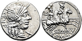 RÖMISCHE REPUBLIK NACH 211 V. CHR. Q. Minucius Rufus, 122 v. Chr. Denar ø 18mm (3.89g). Mzst.Rom. Vs.: RVF, Kopf der Roma n. r., davor X. Rs.: Q MINV ...