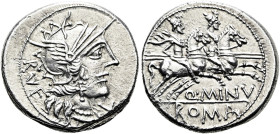 RÖMISCHE REPUBLIK NACH 211 V. CHR. Q. Minucius Rufus, 122 v. Chr. Denar ø 20mm (3.89g). Mzst.Rom. Vs.: RVF, Kopf der Roma n. r., davor X. Rs.: Q MINV ...