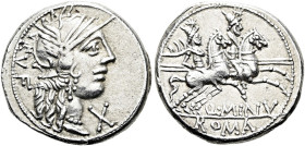 RÖMISCHE REPUBLIK NACH 211 V. CHR. Q. Minucius Rufus, 122 v. Chr. Denar ø 20mm (3.98g). Mzst.Rom. Vs.: RVF, Kopf der Roma n. r., davor X. Rs.: Q MINV ...