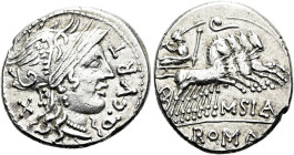 RÖMISCHE REPUBLIK NACH 211 V. CHR. Q. Curtius und M. Sergius Silus, 116 oder 115 v. Chr. Denar ø 20mm (3.93g). Mzst.Rom. Vs.: Q CVRT, Kopf der Roma n....